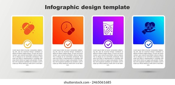 Set Medicine pill or tablet, , False jaw glass and Heart rate. Business infographic template. Vector