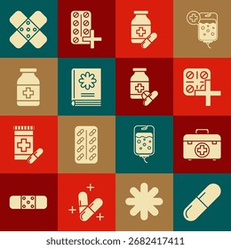 Set pílula ou comprimido de medicamento, kit de primeiros socorros, Embalagem blister de comprimidos, frasco e comprimidos, Livro médico, curativo cruzado gesso e ícone. Vetor