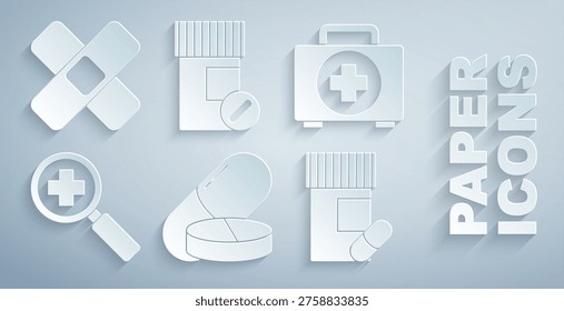 Set Medicine pill or tablet, First aid kit, Magnifying glass for search medical, bottle and pills,  and Crossed bandage plaster icon. Vector