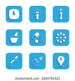 Píldora o tableta de medicina, manzana modificada genéticamente, rayo, virus, pipeta, mortero y mortero, tubo de ensayo e icono. Vector