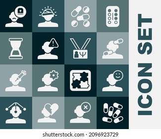 Set Medicine pill o tablet, Buen humor, Pastillas Sedativas, Encontrar problemas de psicología, Viejo vidrio, Médico Masculino e Icono de Psicología. Vector