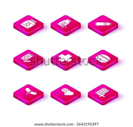 Set Medicine pill or tablet, Heart with cross, bottle and pills, Cross hospital medical, Pills blister pack, Ointment cream tube medicine and  icon. Vector