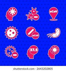 Set Medicine pill or tablet, High human body temperature, Human and virus, Virus, Negative, Corona 2019-nCoV on location and  icon. Vector