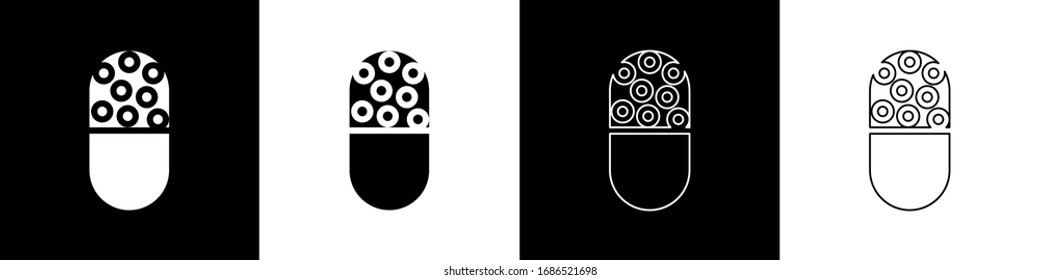 Ajuste el icono de la pastilla o del comprimido aislado en el fondo blanco y negro. Píldora de la cápsula y signo de la droga. Diseño farmacia. Ilustración vectorial