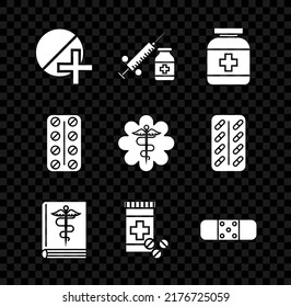 Set Medicine pill or tablet, Medical syringe with needle and vial ampoule, bottle, book, pills, Bandage plaster, Pills blister pack and Emergency star medical symbol Caduceus snake stick icon. Vector