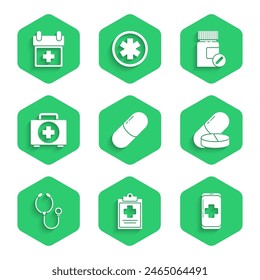 Set Medicine pill or tablet, Medical clipboard with clinical record, Emergency mobile phone call to hospital, Stethoscope, First aid kit, bottle and pills and Doctor appointment icon. Vector