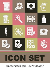 Set Medicine pill or tablet, Nurse hat with cross, Bottle of medicine syrup, Map pointer hospital, Magnifying glass for search medical, bottle, Measuring cup and Pills blister pack icon. Vector