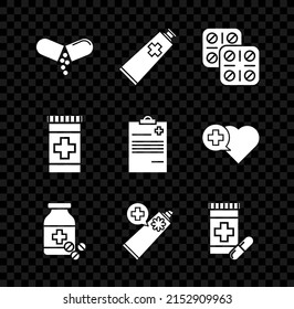 Set Medicine pill or tablet, Ointment cream tube medicine, Pills blister pack, bottle and pills,  and Medical clipboard with clinical record icon. Vector