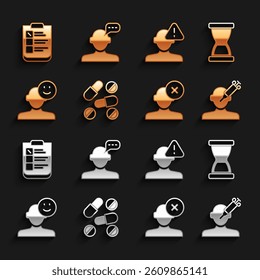 Set Medicine pill or tablet, Old hourglass, Addiction to the drug, Solution problem psychology, Good mood, Finding, Psychological test and Online psychological counseling icon. Vector