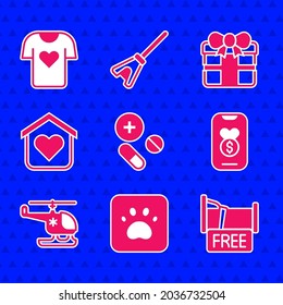 Set Medicine pill or tablet, Paw print, Free overnight stay house, Donation and charity, Rescue helicopter, Shelter for homeless, Gift box and Clothes donation icon. Vector