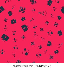 Set Medicine pill or tablet, Processor CPU, Lightning bolt and Genetically modified apple on seamless pattern. Vector