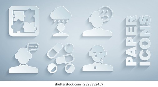 Set Medicine pill or tablet, Sad and depressed man, bad mood, Online psychological counseling, Tear cry eye, Depression frustration and Solution problem psychology icon. Vector