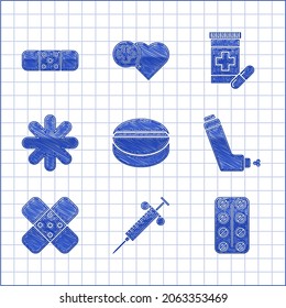 Set Medicine pill or tablet, Syringe, Pills blister pack, Inhaler, Crossed bandage plaster, hospital medical, bottle pills and Bandage icon. Vector