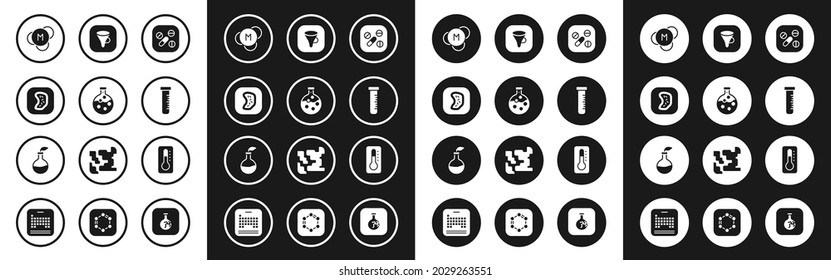 Fijar la píldora o el comprimido de Medicina, Tubo y matraz de prueba, bacterias, molécula, filtro de embudo, termómetro médico e icono de reproducción vegetal. Vector
