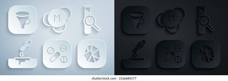 Fijar la píldora o el comprimido de Medicina, Tubo de prueba y matraz, placa de Petri con pipeta, Piedra de sal, Molécula y filtro de embudo. Vector