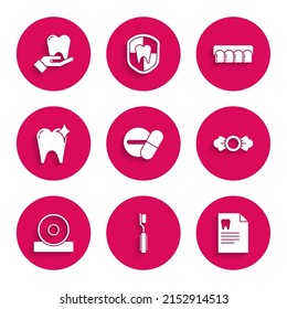 Set Medicine pill or tablet, Toothbrush, Clipboard with dental card, Candy, Otolaryngological head reflector, whitening concept, Dentures model and  icon. Vector