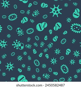Set Medicine pill or tablet, Virus, Shield protecting from virus and Virus on seamless pattern. Vector