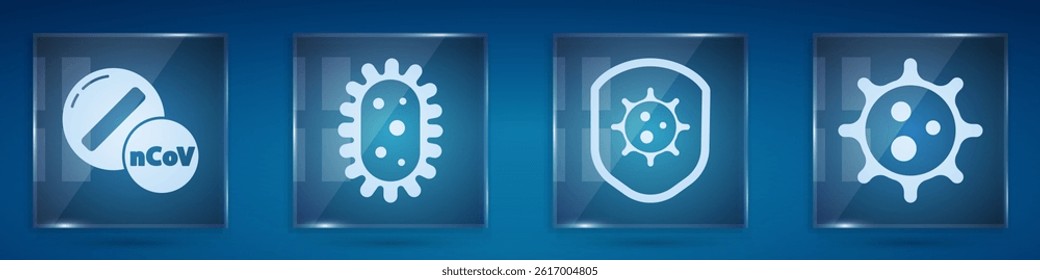 Set Medicine pill or tablet, Virus, Shield protecting from virus and Virus. Square glass panels. Vector