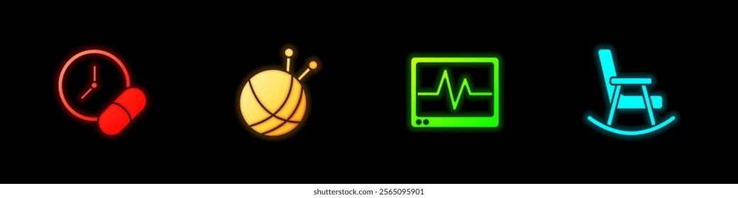 Set Medicine pill or tablet, Yarn ball with knitting needles, Monitor cardiogram and Rocking chair icon. Vector