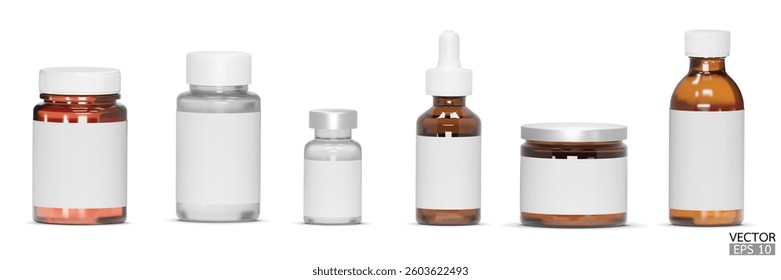 Set of Medicine pills brown glass bottle with blank label isolated on white background. Blank medicine container mockup. Collection of supplement bottles. 3d Vector illustration