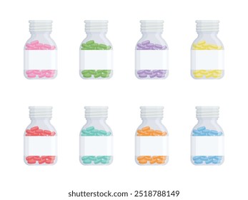 Set of medicine plastic bottles. Medical boxes with closed and open caps and pink round pills. Flat style vector objects isolated on white background