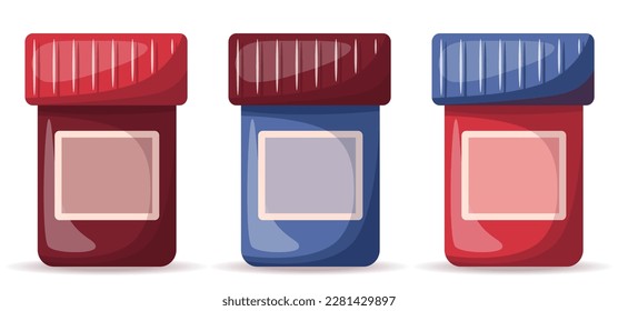 Set of medicine plastic containers. Medicine, pharmacy and healthcare concept. Isolated vector illustration for flyer, poster, banner.