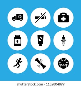 set with medicine, running stick figure, breast and broken bone vector icons for web and mobile app