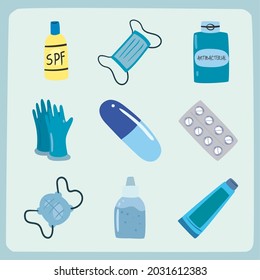 set of medicine supplies icons