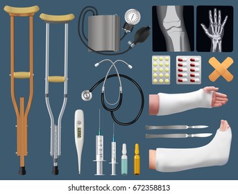 Set of medicine surgical traumatology objects. Treatment of bone fracture. Plaster splint, crutch, x-ray, arm and leg in  plaster splint, medical instruments. Isolated objects. Vector illustration.
