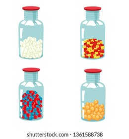 set of medicine tablets in jars vector