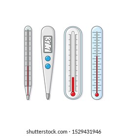 Set of medicine thermometers in flat style. Vector healthcare illustration for design and web.