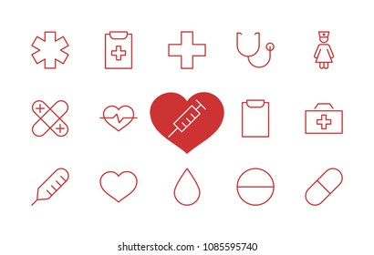 Set of medicine vector line icons. It contains the first aid kit, nurse, syringe, thermometer, plastic, pills, heart, drop of blood, palpitation and much more. Editable move. 32x32 pixels.