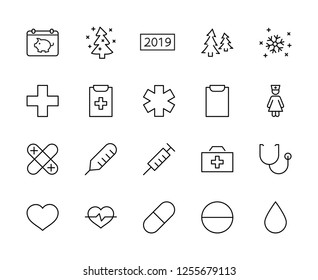 Set of medicine vector line icons. It contains the first aid kit, nurse, syringe, thermometer, plastic, pills, heart, drop of blood, palpitation and much more. Editable move. 32x32 pixels.