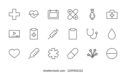 Set of medicine vector line icons. It contains the first aid kit, nurse, syringe, thermometer, plastic, pills, heart, drop of blood, palpitation and much more. Editable move. 32x32 pixels.
