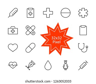Set of medicine vector line icons. It contains the first aid kit, nurse, syringe, thermometer, plastic, pills, heart, drop of blood, palpitation and much more. Editable move. 32x32 pixels.