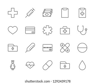 Set of medicine vector line icons. It contains the first aid kit, nurse, syringe, thermometer, plastic, pills, heart, drop of blood, palpitation and much more. Editable move. 32x32 pixels.