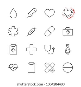 Set of Medicine vector line icons. It contains the first aid kit, nurse, syringe, thermometer, plastic, pills, heart, drop of blood, palpitation and much more. Editable Stroke. 32x32 pixels.