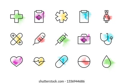 Set of Medicine vector line icons. It contains the first aid kit, nurse, syringe, thermometer, plastic, pills, heart, drop of blood, palpitation and much more. Editable Stroke. 32x32 pixels.
