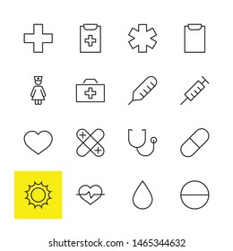 Set of Medicine vector line icons. It contains the first aid kit, nurse, syringe, thermometer, plastic, pills, heart, drop of blood, palpitation and much more. Editable Stroke. 32x32 pixels.