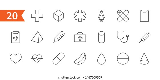 Set of Medicine vector line icons. It contains the first aid kit, nurse, syringe, thermometer, plastic, pills, heart, drop of blood, palpitation and much more. Editable Stroke. 32x32 pixels.