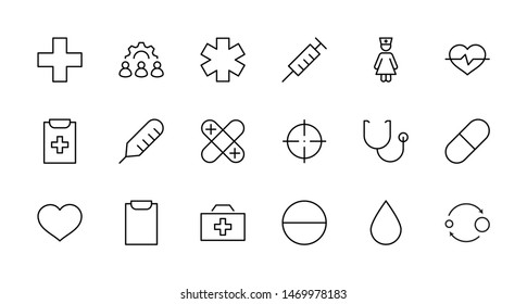 Set of Medicine vector line icons. It contains the first aid kit, nurse, syringe, thermometer, plastic, pills, heart, drop of blood, palpitation and much more. Editable Stroke. 32x32 pixels.