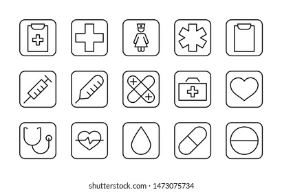 Set of Medicine vector line icons. It contains the first aid kit, nurse, syringe, thermometer, plastic, pills, heart, drop of blood, palpitation and much more. Editable Stroke. 32x32 pixels.