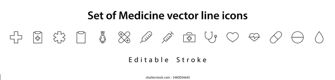 Set of Medicine vector line icons. It contains the first aid kit, nurse, syringe, thermometer, plastic, pills, heart, drop of blood, palpitation and much more. Editable Stroke. 32x32 pixels.