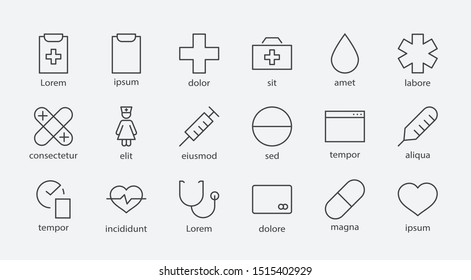 Set of Medicine vector line icons. It contains the first aid kit, nurse, syringe, thermometer, plastic, pills, heart, drop of blood, palpitation and much more. Editable Stroke. 32x32 pixels.