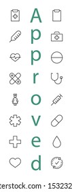 Set of Medicine vector line icons. It contains the first aid kit, nurse, syringe, thermometer, plastic, pills, heart, drop of blood, palpitation and much more. Editable Stroke. 32x32 pixels.