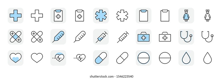 Set of Medicine vector line icons. It contains the first aid kit, nurse, syringe, thermometer, plastic, pills, heart, drop of blood, palpitation and much more. Editable Stroke. 32x32 pixels.
