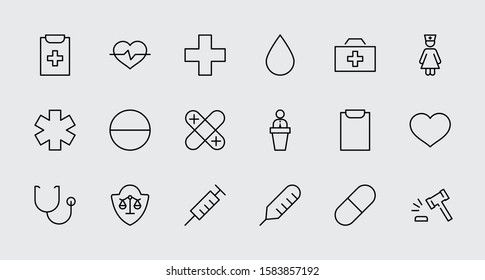 Set of Medicine vector line icons. It contains the first aid kit, nurse, syringe, thermometer, plastic, pills, heart, drop of blood, palpitation and much more. Editable Stroke. 32x32 pixels.