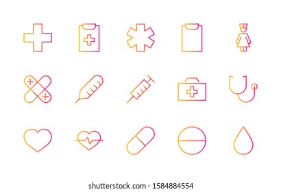 Set of Medicine vector line icons. It contains the first aid kit, nurse, syringe, thermometer, plastic, pills, heart, drop of blood, palpitation and much more. Editable Stroke. 32x32 pixels.
