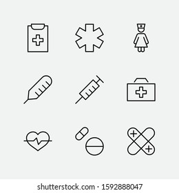 Set of Medicine vector line icons. It contains the first aid kit, nurse, syringe, thermometer, plastic, pills, heart, drop of blood, palpitation and much more. Editable Stroke. 32x32 pixels.