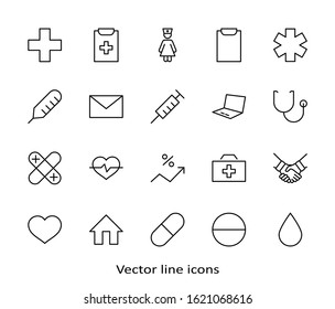 Set of Medicine vector line icons. It contains the first aid kit, nurse, syringe, thermometer, plastic, pills, heart, drop of blood, palpitation and much more. Editable Stroke. 32x32 pixels.